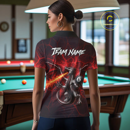 Custom Red Flaming Dragon 8 Ball Billiard Polo Shirts For Women, Dragon Billiard Tournament Team Shirt NYN3289