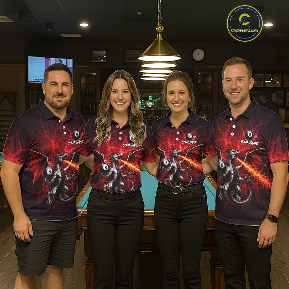 Custom Red Flaming Dragon 8 Ball Billiard Polo Shirts For Women, Dragon Billiard Tournament Team Shirt NYN3289