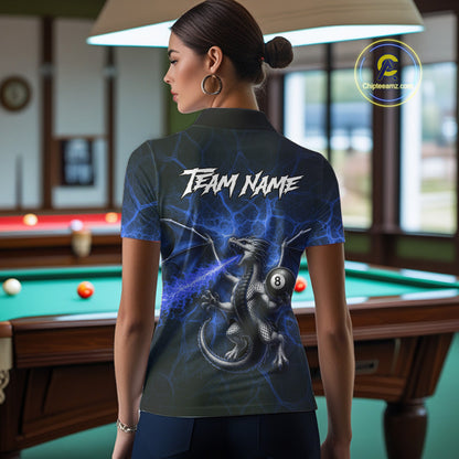 Custom Blue Flaming Dragon 8 Ball Billiard Polo Shirts For Women, Dragon Billiard Tournament Team Shirt NYN3290
