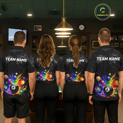 Personalized Rainbow Splatter 8 Ball Pool Polo Shirts For Women, Custom Grunge Billiard Team Apparel NYN3294