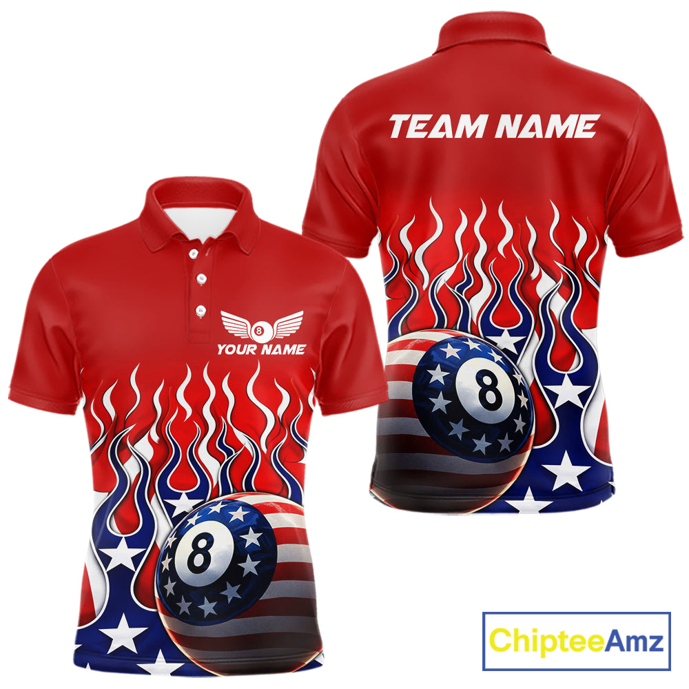 Custom Fire Flame US Flag Pool 8 Ball Men's Billiard Shirt Patriotic Billiard Team Attire NYN2545
