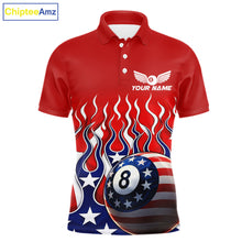 Load image into Gallery viewer, Custom Fire Flame US Flag Pool 8 Ball Men's Billiard Shirt Patriotic Billiard Team Attire NYN2545