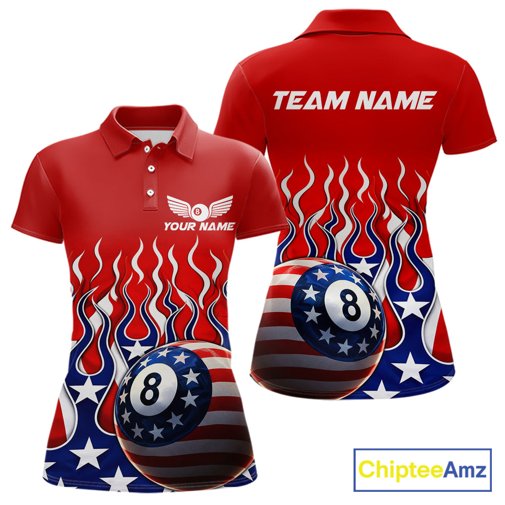 Custom Fire Flame US Flag Pool 8 Ball Women's Billiard Shirt Patriotic Billiard Team Attire NYN2545