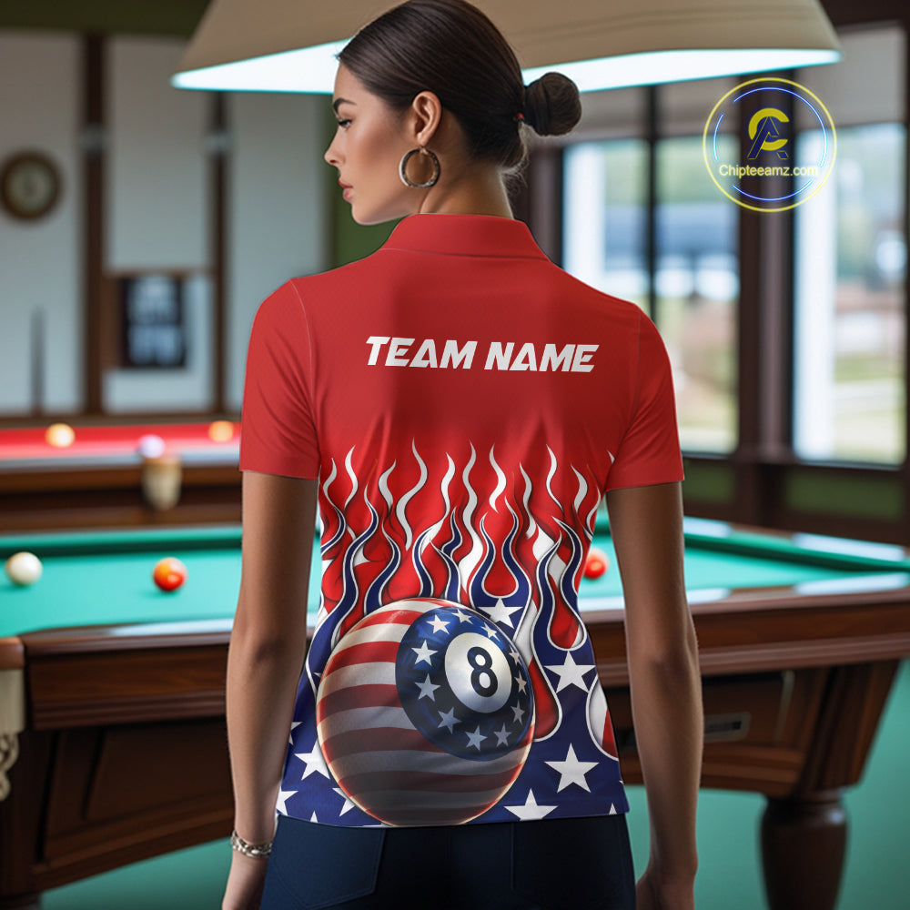 Custom Fire Flame US Flag Pool 8 Ball Women's Billiard Shirt Patriotic Billiard Team Attire NYN2545
