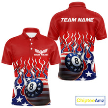 Load image into Gallery viewer, Custom Fire Flame US Flag Pool 8 Ball Men's Billiard Shirt Patriotic Billiard Team Attire NYN2545