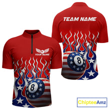 Load image into Gallery viewer, Custom Fire Flame US Flag Pool 8 Ball Men's Billiard Shirt Patriotic Billiard Team Attire NYN2545