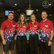 Load image into Gallery viewer, Custom Fire Flame US Flag Pool 8 Ball Men's Billiard Shirt Patriotic Billiard Team Attire NYN2545
