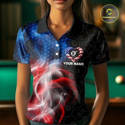 Heart US Flag Pool 8 Ball Women's Billiard Shirt Custom Couple Patriotic Billiard Attire NYN2549