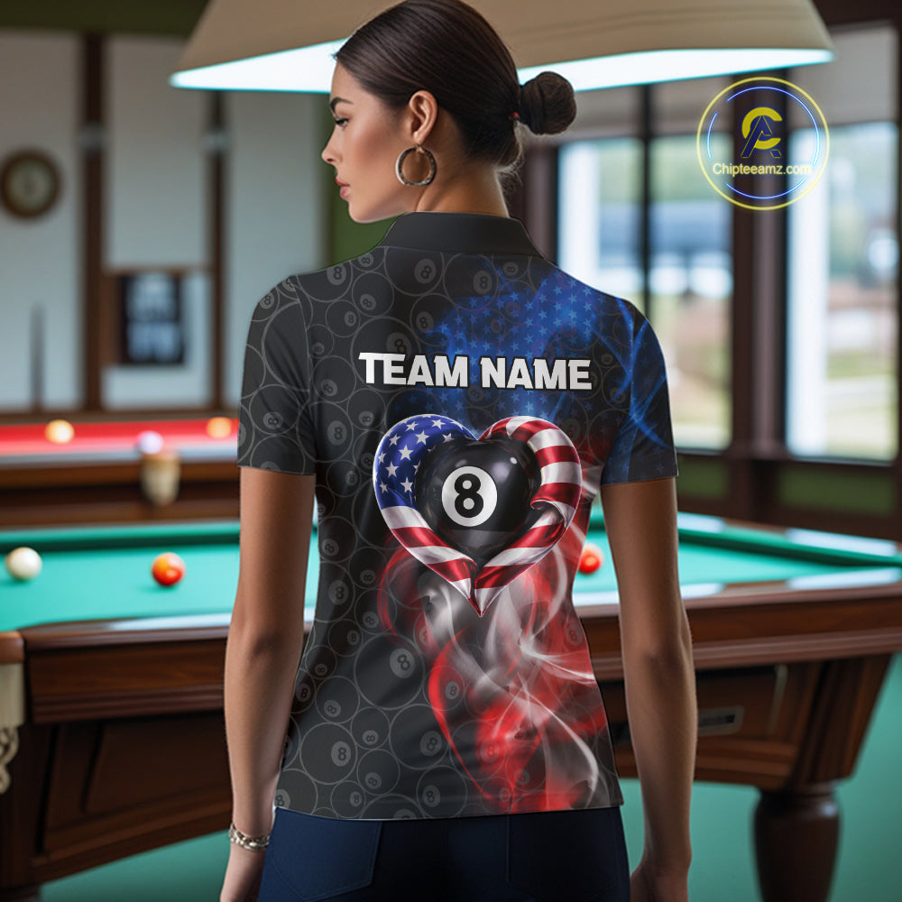Heart US Flag Pool 8 Ball Women's Billiard Shirt Custom Couple Patriotic Billiard Attire NYN2549