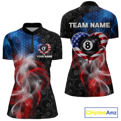 Heart US Flag Pool 8 Ball Women's Billiard Shirt Custom Couple Patriotic Billiard Attire NYN2549