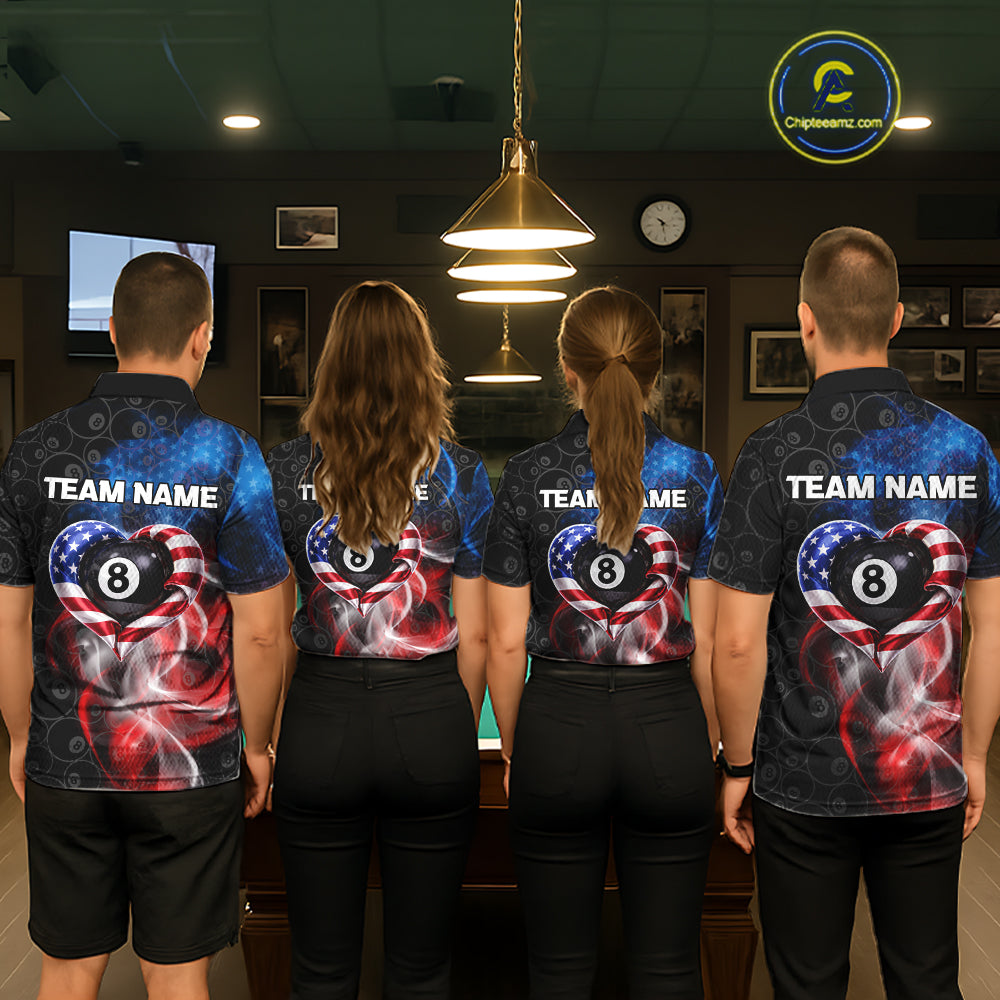 Heart US Flag Pool 8 Ball Men's Billiard Shirt Custom Couple Patriotic Billiard Attire NYN2549