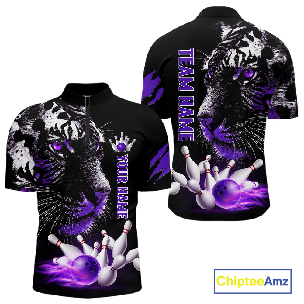 Personalized Horror Tiger Bowling Shirts For Men Purple Flaming Tiger Team Bowling Jerseys NYN3131