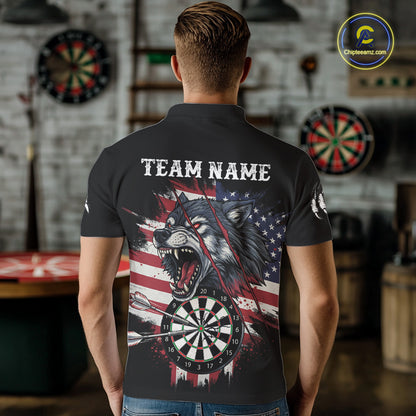 Wolf US Flag Grunge Darts Polo Shirt For Men Custom Name & Team Patriotic Dart League Shirt NYN2052
