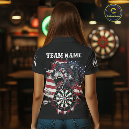 Wolf US Flag Grunge Darts Polo Shirt For Women Custom Name & Team Patriotic Dart League Shirt NYN2052