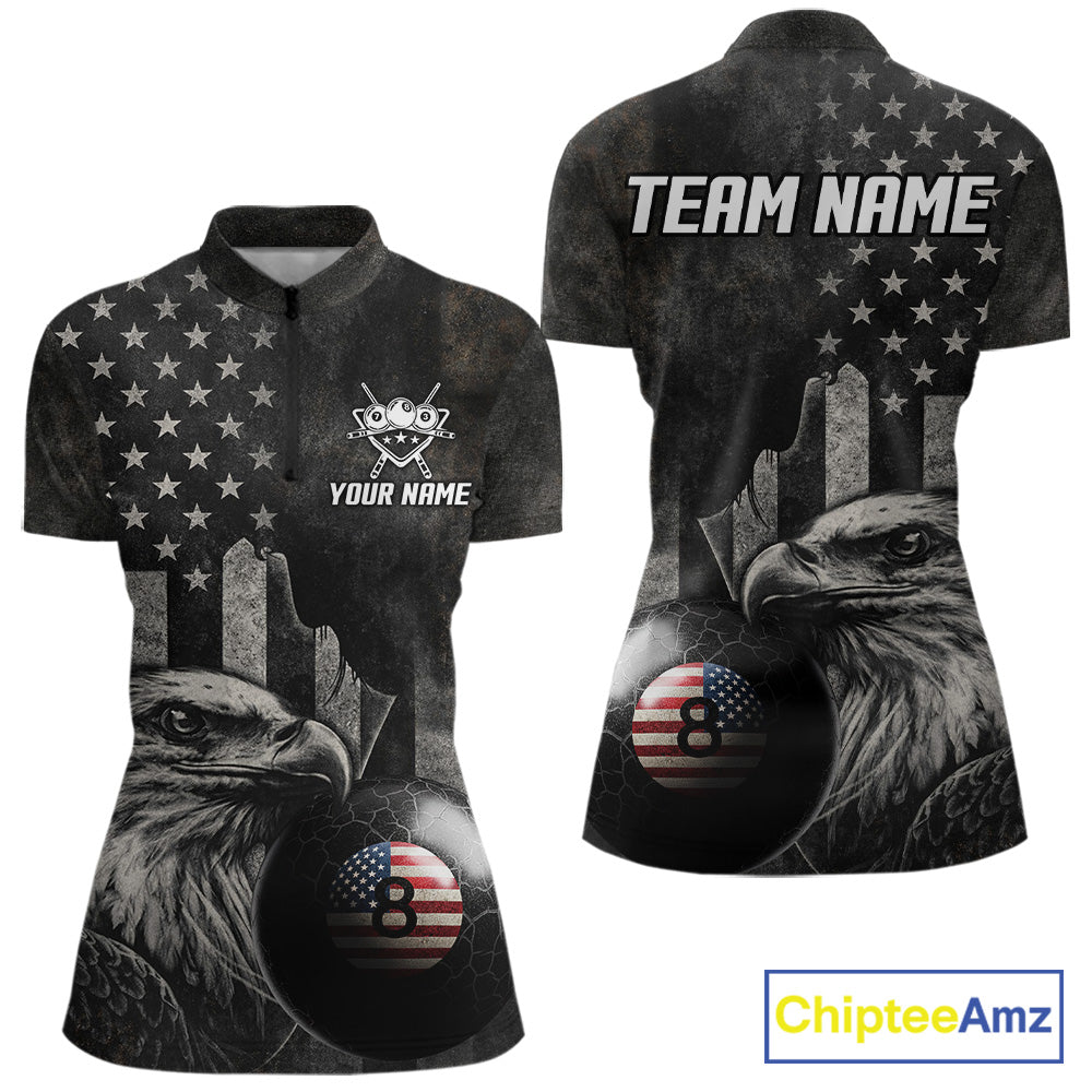Retro Grunge US Flag Eagle Pool 8 Ball Women's Billiard Shirt Custom Patriotic Billiard Team Attire NYN2564