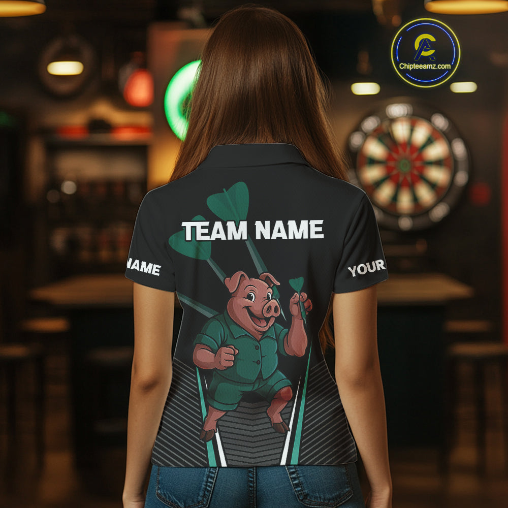 Darts Master Pig In Green Funny Darts Shirt For Women - Custom Team & Player Name NYN0363