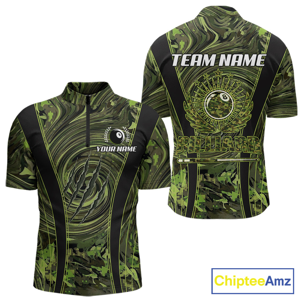 Green Camo 8 Ball Billiard Polo & 1/4 Zip Shirt For Men Custom Pool Team Shirt, Billiard Clothes NYN2941