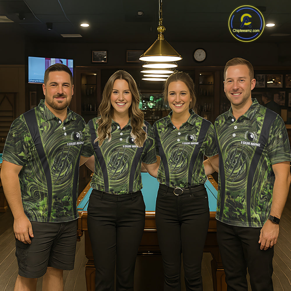 Green Camo 8 Ball Billiard Polo & 1/4 Zip Shirt For Men Custom Pool Team Shirt, Billiard Clothes NYN2941