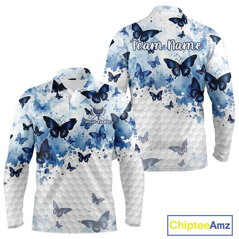 White & Blue Butterflies Mens Golf Polo Shirt Custom Watercolor Golf Shirts Golf Attire NYN3155