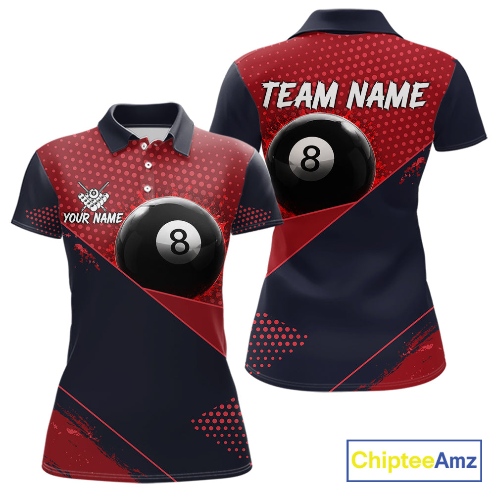 Red Splash 8 Ball Women's Billiard Polo Shirt Custom Splatter Pool Team Jersey League Apparel