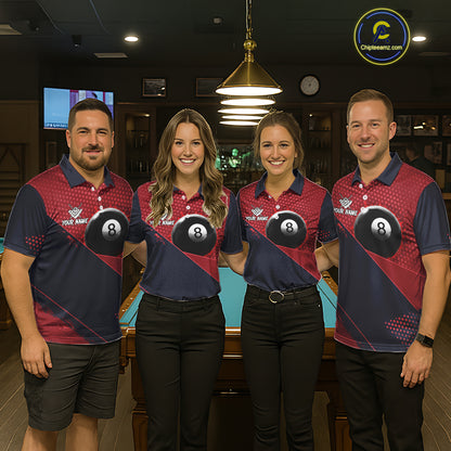 Men women billiard team wearing Red Splash 8 Ball personalized pool uniforms
