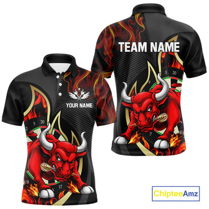 Personalized Bull Red Flames Darts Polo & 1/4-Zip Shirt For Men Funny Dart Team Dart Jerseys NYN2962