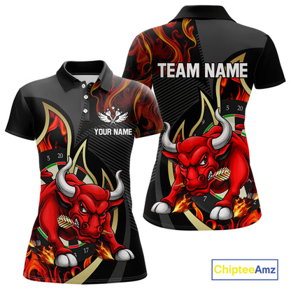 DartsPersonalized Bull Red Flames Darts Polo & 1/4-Zip Shirt For Women Funny Dart Team Dart Jerseys NYN2962