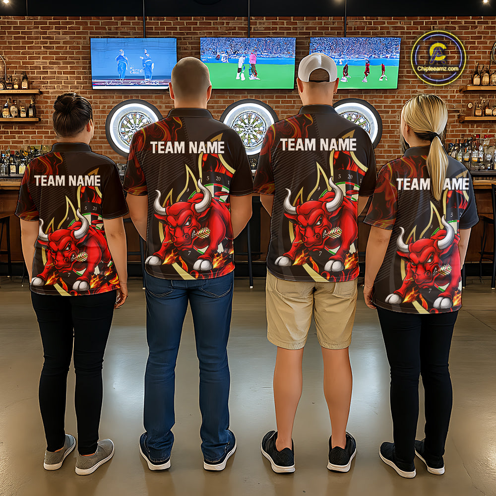 Personalized Bull Red Flames Darts Polo & 1/4-Zip Shirt For Men Funny Dart Team Dart Jerseys NYN2962