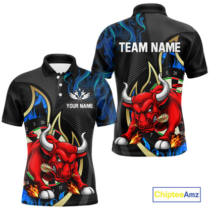 Personalized Bull Blue Flames Darts Polo & 1/4-Zip Shirt For Men Funny Dart Team Dart Jerseys NYN2963