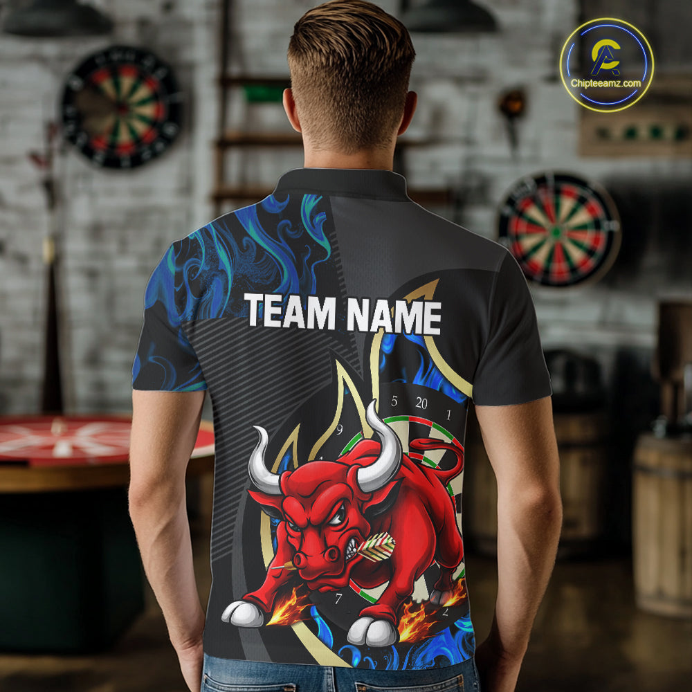 Personalized Bull Blue Flames Darts Polo & 1/4-Zip Shirt For Men Funny Dart Team Dart Jerseys NYN2963