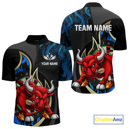 Personalized Bull Blue Flames Darts Polo & 1/4-Zip Shirt For Men Funny Dart Team Dart Jerseys NYN2963