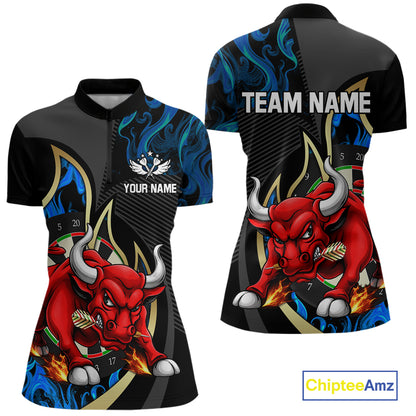 Personalized Bull Blue Flames Darts Polo & 1/4-Zip Shirt For Women Funny Dart Team Dart Jerseys NYN2963