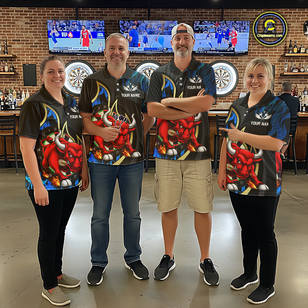 Personalized Bull Blue Flames Darts Polo & 1/4-Zip Shirt For Men Funny Dart Team Dart Jerseys NYN2963