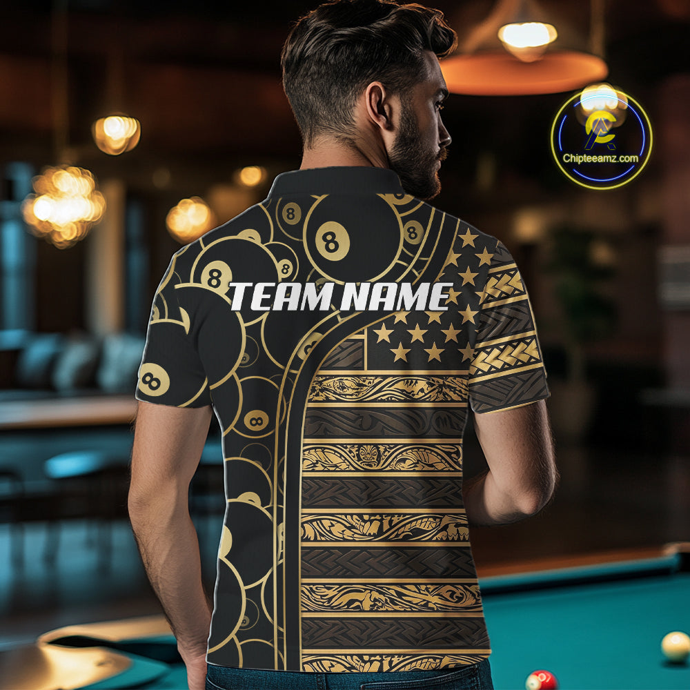 Black & Gold Tribal 8 Ball Pool Shirts Custom Men Billiard Polo & 1/4 Zip Shirt Billiard Team Jerseys NYN2970