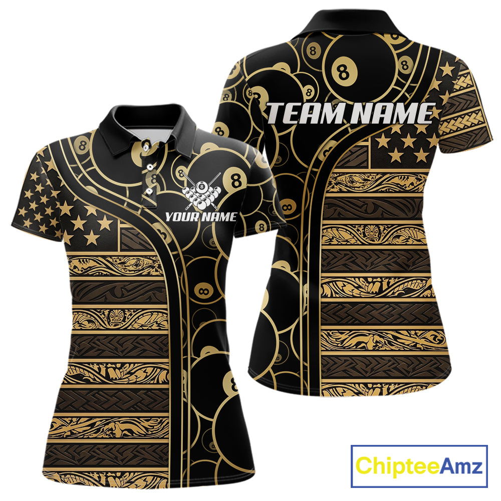 Black & Gold Tribal 8 Ball Pool Shirts Custom Women Billiard Polo & 1/4 Zip Shirt Billiard Team Jerseys NYN2970