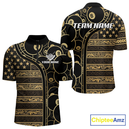 Black & Gold Tribal 8 Ball Pool Shirts Custom Men Billiard Polo & 1/4 Zip Shirt Billiard Team Jerseys NYN2970