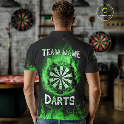 Custom Green Fire Skull Multi-Flame Dartboard Dart Men Polo Shirts, Dart Team Jerseys NYN1555