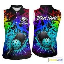 Load image into Gallery viewer, Teal splatter pickleball ball and paddles sleeveless polo for women colorful pickleball clothing