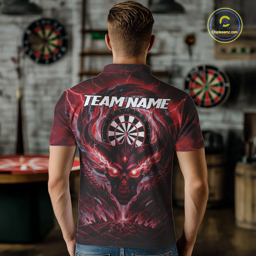 Lightning Red & Grey Dragon Skull Dartboard Custom Men Darts Polo Shirt, Dart Jerseys NYN1807