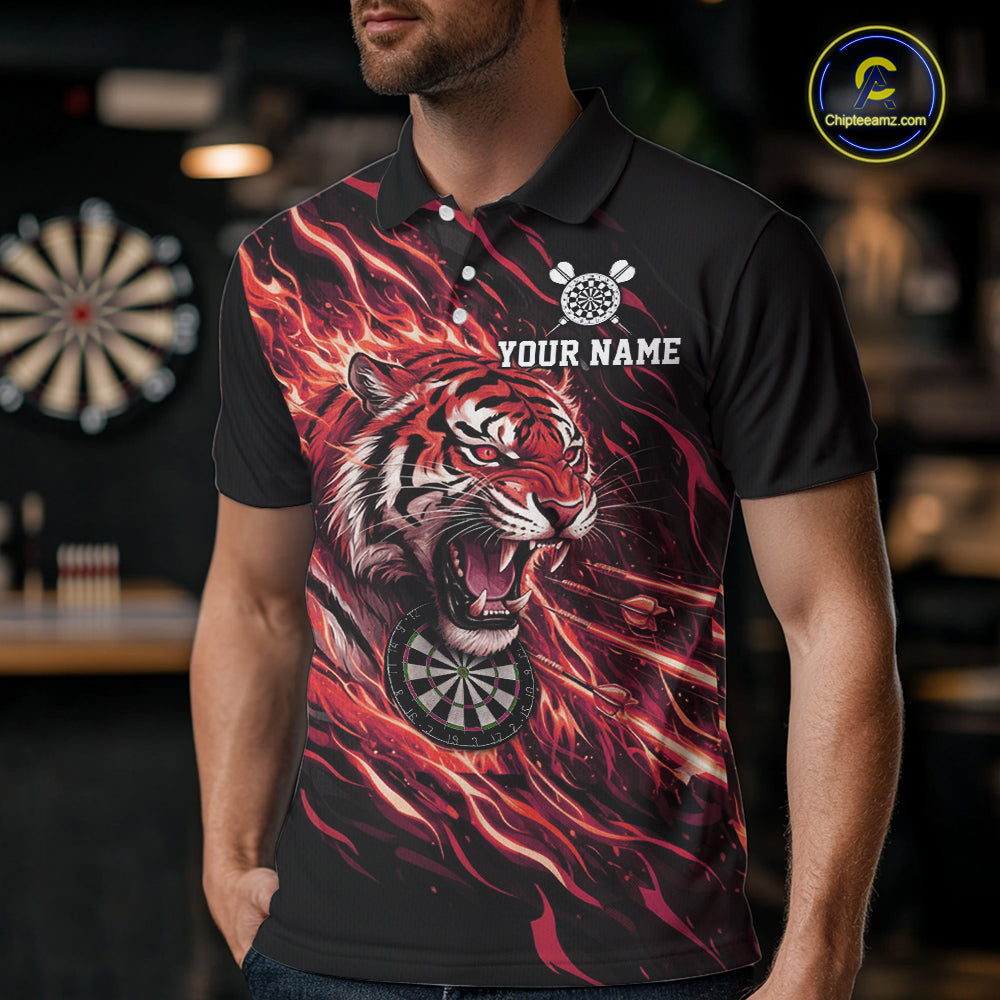Red Flaming Tiger Funny Darts Custom Men's Dart Polo Shirts Team Dart League Jerseys NYN2078