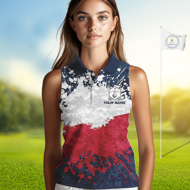 American Flag Anniversary Women Golf Sleeveless Polo Shirt Custom Splatter Patriotic Golf Tops NYN3385