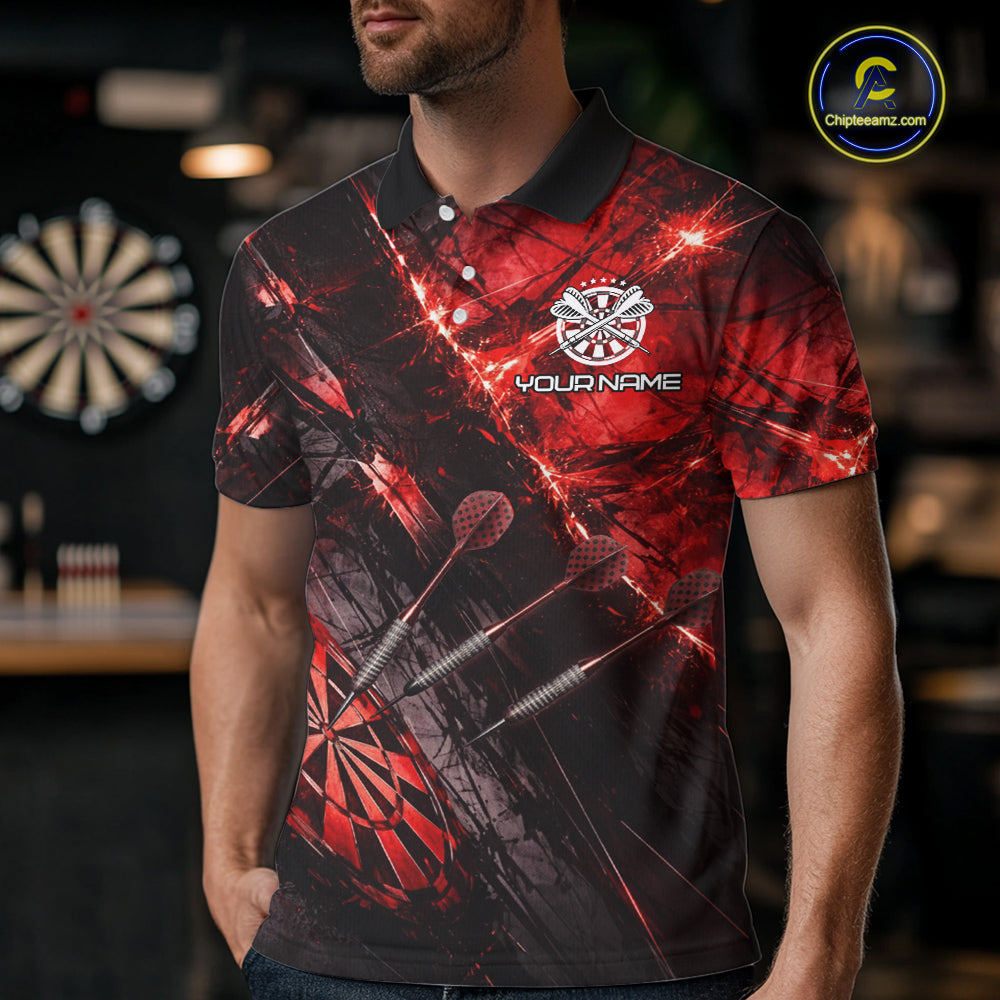 Personalized Black & Red Grunge Dartboard & Arrow Men Darts Polo Shirt Custom Dart Team Jersey NYN2618