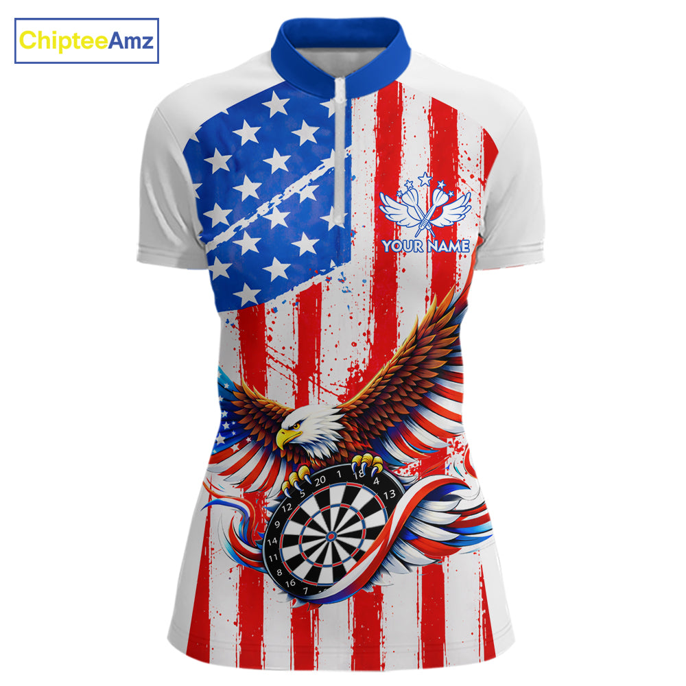Personalized Eagle US Flag Patriotic Women Darts Quarter-Zip Shirt Custom Freedom-Day Dart Team Jersey NYN2620