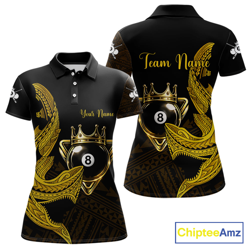 Gold 8 Ball Crown Women's Billiard Polo & 1/4 Zip Shirt Custom Tribal Billiard Attire Gifts NYN2345