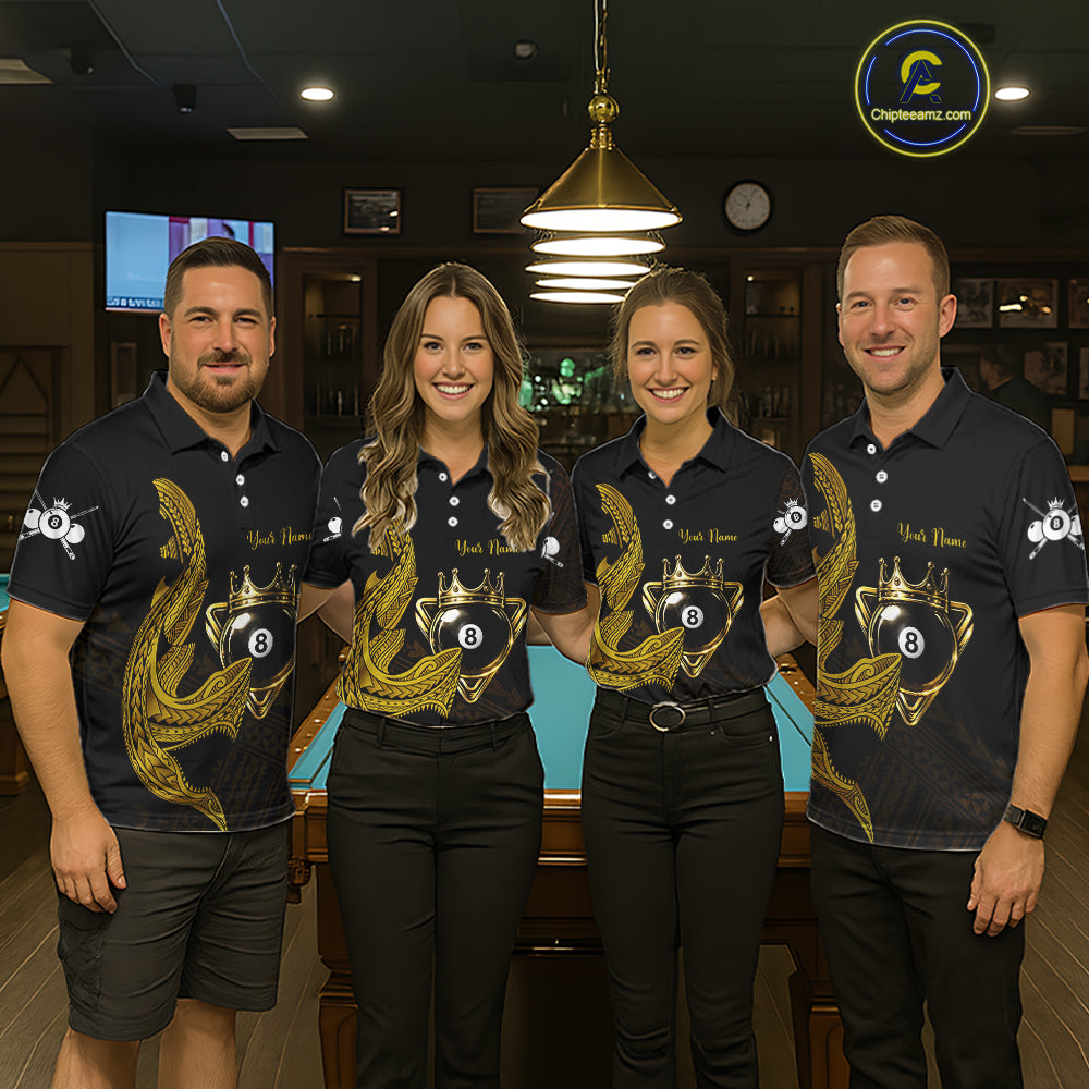 Gold 8 Ball Crown Men's Billiard Polo & 1/4 Zip Shirt Custom Tribal Billiard Attire Gifts NYN2345