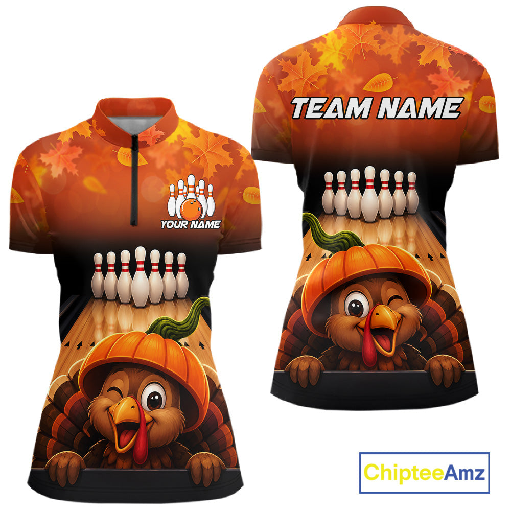 Personalized Funny Turkey Autumn Bowling Shirts For Women Thanksgiving Bowling Team Polo 1/4-Zip Shirt NYN3931