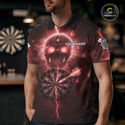 Custom Red Skull Butterflies Lightning Dartboard Men Darts Polo Shirt, Dart Jerseys NYN1843