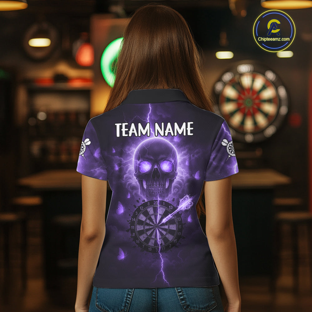 Custom Purple Skull Butterflies Lightning Dartboard Women Darts Polo Shirt, Dart Jerseys NYN1844