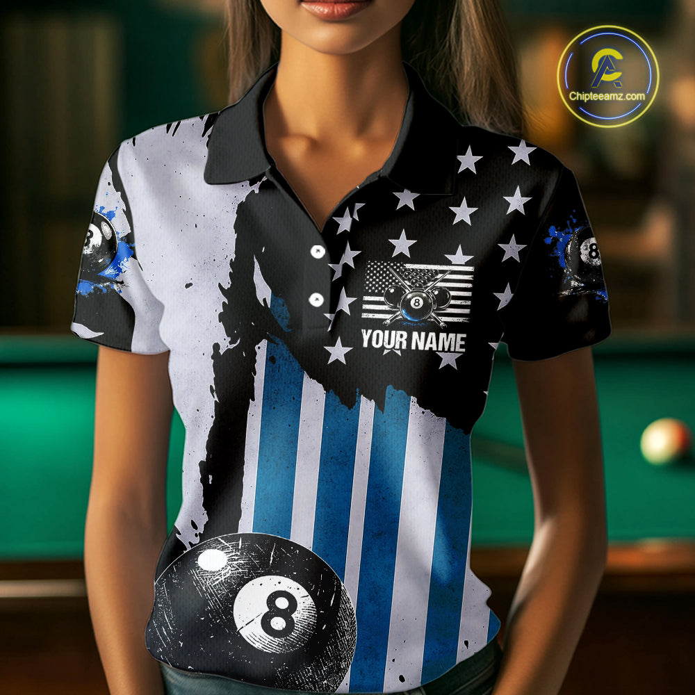 Patriotic Grunge Blue 8 Ball Women Billiard Polo & 1/4 Zip Shirt Custom Pool Billiard Jerseys NYN2358