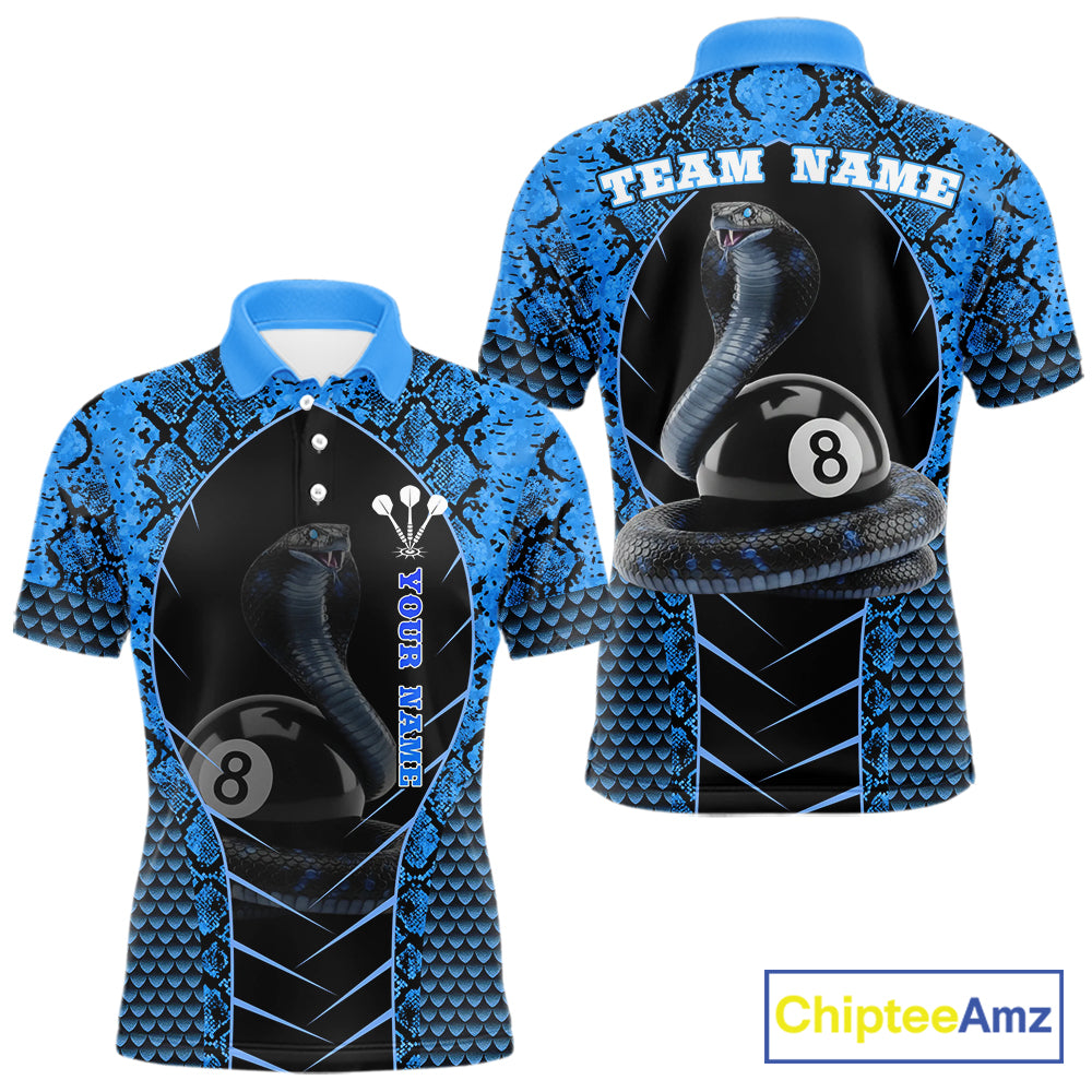 Personalized Cobra Snake Men Billiard Team Shirt Blue 8 Ball Billiard Polo & 1/4 Zip Attire NYN2365